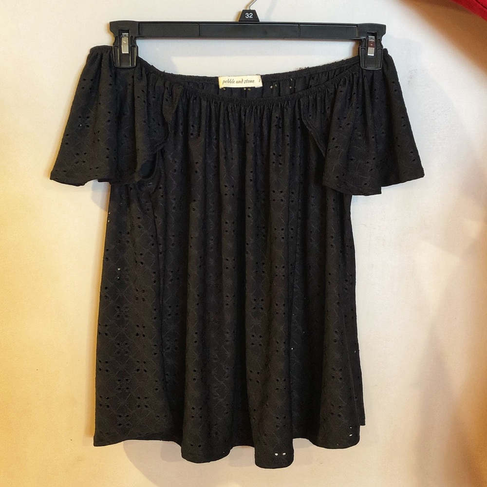 Black eyelet off shoulder swing top